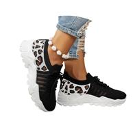 MEECHI Women's Platform Walking Shoes Spring Summer Lace Up Sports Shoes Knit Mesh Breathable Sneakers Leopard Print Jogging Shoes Leisure Large Size Running Shoes(Black,7.5 UK)