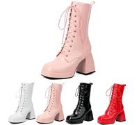MEECHI Women's PU Patent Leather Ankle Boots Square Toe Block Heel Ankle Boots Gothic Platform Lace-up Boots Warm Plush Lined Ankle Shoes Autumn Winter Biker Booties(Pink,4 UK)
