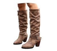MEECHI Women's Retro Knee-High Boots With Block Heel Autumn Winter Slip-On Shoes PU Leather Riding Boots With Double Buckle Non-Slip Platform Rubberboots For Outdoor(Brown,3.5 UK)