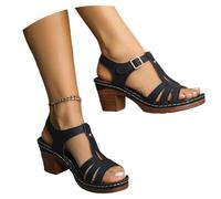 MEECHI Women's Roman Sandals With Block Heel PU Leather Hollow Out Sandals Vintage 7cm High Heels,Summer Peep Toe Sandals With Buckle,Women Evening Shoes For Party(Black,4.5 UK)
