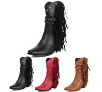 MEECHI Women's Short Boots With Rivet Retro Western Cowboy Boots With Fringes PU Leather Biker Booties With Block Heel Women Large Size Slip-On Shoes Casual Booties For Spring Autumn(Black,5 UK)