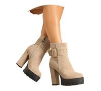 MEECHI Women's Short Boots With Zip, Winter Platform Booties With Block Heel, Fashion Suede Ankle Boots With Buckle, Non-slip High Heels, Elegant Bridal Evening Shoes(Beige,4 UK)