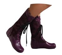 MEECHI Women's Vintage Victorian Boots PU Leather Renaissance Lace-upboots With Ruffles Round Toe Mid-Calf Wedge Boots Retro Medieval Shoes For Party(Purple,4.5 UK)