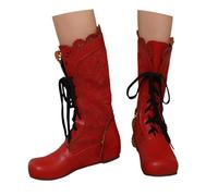 MEECHI Women's Vintage Victorian Boots PU Leather Renaissance Lace-upboots With Ruffles Round Toe Mid-Calf Wedge Boots Retro Medieval Shoes For Party(Red,7.5 UK)