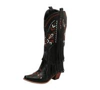 MEECHI Women's Western Cowboy Boots With Fringes Retro PU Leather Long Riding Boots With Embroidery Square Toe Slip-On Shoes With Block Heel Autumn Winter High Heels(Black,4.5 UK)