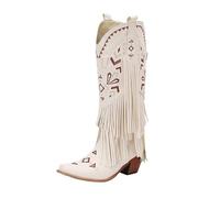 MEECHI Women's Western Cowboy Boots With Fringes Retro PU Leather Long Riding Boots With Embroidery Square Toe Slip-On Shoes With Block Heel Autumn Winter High Heels(White,4 UK)