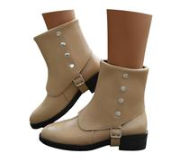 MEECHI Women's Western Cowboy Boots With Rivet 2025 New Retro Ankle Boots With Block Heel Autumn Winter PU Leather Biker Booties Women Casual Wide Tube Slip-on Shoes(Beige,5.5 UK)