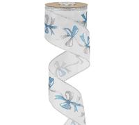 MEEDEE Blue and Silver Christmas Ribbon 2.5 Inch White Satin Ribbons with Turqupise and Silver Glittery Bows Pattern 10 Yards Christmas Wired Ribbon for Tree, Garlands, Topper Bow