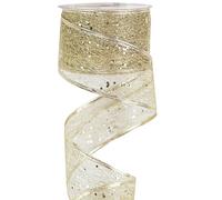 MEEDEE Champagne Gold Glitter Ribbon Wire Mesh Ribbons Champagne Christmas Ribbons 2.5 Inch Champagne Wired Ribbon for Christmas Tree Decoration, Garland, Wreath Bow Making (25 Yards)