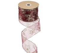 MEEDEE Red Gold Wired Ribbon, 2.5 inch Dark Red Burgundy Sheer Glitter Ribbon with Gold Glitter Snowflakes, 25 Yards, Christmas Tree, Wreath, Bow