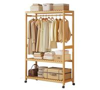 Meedlopia Fashion Bamboo Clothes Rack on 4 Wheels, Garment Rack Storage Trolley Rolling Cart Freestanding, Clothes Rail with Shelves, Bamboo Shelves, Garment Rack, Bamboo Clothes Rail