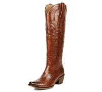 Meefit Embroidered Cowboy Boots for Women Knee High Cowgirl Western Boots,Square Snip Toe Country Boot Tall Shoes, Brown-01, 6 UK