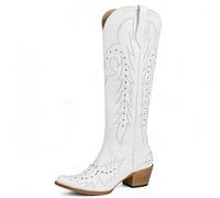 Meefit Embroidered Cowboy Boots for Women Knee High Cowgirl Western Boots,Square Snip Toe Country Boot Tall Shoes, White-01, 4.5 UK