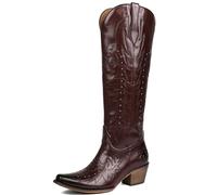 Meefit Embroidered Cowboy Boots for Women Knee High Cowgirl Western Boots,Square Snip Toe Country Boot Tall Shoes