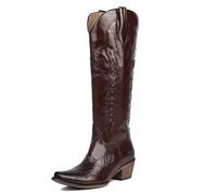 Meefit Embroidered Cowboy Boots for Women Knee High Cowgirl Western Boots,Square Snip Toe Country Boot Tall Shoes, Burgundy-01, 5.5 UK