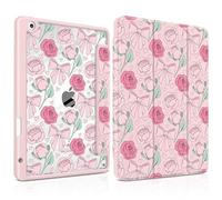MEEgoodo Case for iPad 10.2 inch,Tablet Cases for iPad 9th Generation 2021/8th Gen 2020/7th Gen 2019 with Clear Acrylic Back Shell+Pencil Holder+Auto Wake/Sleep+Trifold Stand, Pink Peony & Bow