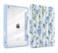 MEEgoodo Case for iPad 10.2 inch,Tablet Cases for iPad 9th Generation 2021/8th Gen 2020/7th Gen 2019 with Clear Acrylic Back+Pencil Holder+Auto Wake/Sleep+Trifold Stand,Blue Watercolor Flowers&Stripes