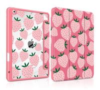 MEEgoodo Case for iPad 10.2 inch,Tablet Cases for iPad 9th Generation 2021/8th Gen 2020/7th Gen 2019 with Clear Acrylic Back Shell+Pencil Holder+Auto Wake/Sleep+Trifold Stand,Minimalist Strawberry