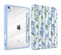 MEEgoodo Case for iPad A16 11th Generation 11 inch 2025/10th Gen 10.9 inch 2022,Tablet Case with Clear Acrylic Back Shell+Pencil Holder+Auto Wake/Sleep+Folding Stand, Blue Watercolor Flowers & Stripes