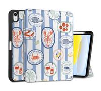 MEEgoodo Case for iPad A16 11th Generation 11 inch 2025/iPad 10th Generation 10.9 inch 2022, Cover with Stand + Pencil Holder + Auto Wake/Sleep + Soft TPU Back Cover, Blue Striped & Summer Cuisine