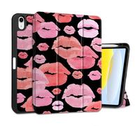 MEEgoodo Case for iPad A16 11th Generation 11 inch 2025/iPad 10th Generation 10.9 inch 2022, Tablet Cover with Trifold Stand + Pencil Holder + Auto Wake/Sleep + Soft TPU Back Cover, Red & Pink Lips