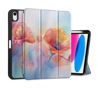 MEEgoodo Case for iPad A16 11th Generation 11 inch 2025/iPad 10th Generation 10.9 inch 2022,Tablet Cover with Trifold Stand + Pencil Holder + Auto Wake/Sleep +Soft TPU Back Cover,Field Rainbow Poppies