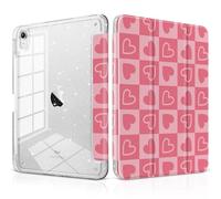 MEEgoodo Case for iPad A16 11th Generation 2025/10th Generation 2022, Glitter Tablet Cases with Transparent Acrylic Back+Trifold Stand +Pencil Holder+Auto Wake/Sleep,Hearts & Pink Checkered