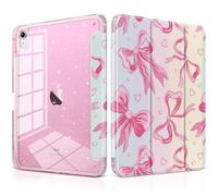 MEEgoodo Case for iPad A16 11th Generation 2025/10th Generation 2022, Glitter Tablet Cases with Transparent Acrylic Back+Trifold Stand +Pencil Holder+Auto Wake/Sleep,Pink Bow & Rainbow Striped