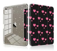 MEEgoodo Case for iPad A16 11th Generation 2025/10th Generation 2022, Glitter Tablet Cases with Transparent Acrylic Back+Trifold Stand +Pencil Holder+Auto Wake/Sleep,Pink Hearts