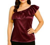 MEEK MERCERY BY KF Women's Satin One Shoulder Top | Sleeveless Elegant Party & Pub Wear Blouse | Sexy Silky Cami | 41 Colour, UK Plus Size S-5XL Maroon