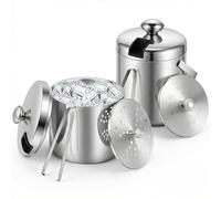 meekoo 2 Pcs 304 Stainless Steel Ice Buckets, 3.2l and 1.2l Double Wall Ice Buckets with Lids, Tongs, and Strainers, Insulated Wine Pail, for Cocktail Bars, Chilling Wine and Beverages(High Cover)