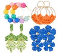 meekoo 4 Pairs Rattan Earrings for Women Beach Essentials Tassel Dangle Boho Straw Earrings, One Size, Rattan, No Gemstone