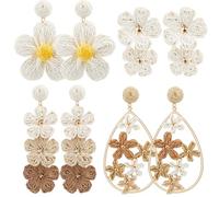 meekoo 4 Pairs Rattan Earrings for Women Beach Essentials Tassel Dangle Boho Straw Earrings, One Size, Rattan, No Gemstone