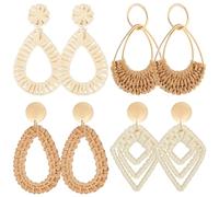 meekoo 4 Pairs Rattan Earrings for Women Beach Essentials Tassel Dangle Boho Straw Earrings, One Size, Rattan, No Gemstone