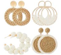 meekoo 4 Pairs Rattan Earrings for Women Beach Essentials Tassel Dangle Boho Straw Earrings, One Size, Rattan, No Gemstone