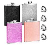 Meekoo 4 Pcs 8 oz Women Glitter Flask for Liquor Stainless Steel Hip Flask Bling Leakproof with 4 Funnels Colorful Bottle for Vodka Whiskey, Silver, Black, Purple, Light Pink