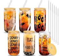 meekoo 6 Pcs Halloween Glass Cups 16 oz Halloween Iced Coffee Cups Pumpkins Bat Ghost Beer Tumblers with Lids and Straws Spooky Halloween Mug Mason Jar Glass Cups for Halloween Party(Classic)