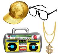 meekoo Hip Hop Costume Kit Inflatable Boom Box Gold Baseball Cap Sunglasses Gold Chain 80s/ 90s Rapper Accessories