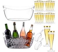 meekoo Royal Ice Bucket & Champagne Flutes Set 5.5 L Clear Acrylic Bucket Tub Large with Scoop Bulk 4.5oz Plasticflute Champagne Glasses with Gold Rim for Wine Beer Bar Wedding Shower Party Supplies