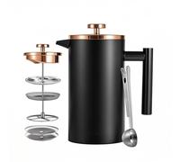Meelio Black French Press Stainless Steel 34oz, Double Wall Insulated Coffee Press 1L for travel camping with 2 Extra Filter Screens and 1 Coffee Spoon（8cup 1000ml）