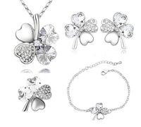 MeeQee 4 PCS Clover Jewelry Set Lucky Clover Heart Necklace Earrings Bracelet and Brooch for Women Girl Wedding Party Gift Wedding Birthday WH