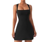 MeeQee Dresses Women Square Neck Sleeveless Shaper Dress Strappy Mini Tank Dress Stretch Flare Short Dress Casual Club Night Out Mini Bodycon Black