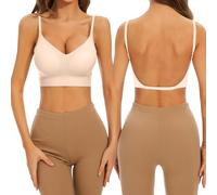 MeeQee Low Back Bras for Women Wirefree Push Up Deep V Neck Plunge Backless Bra Multiway Convertible Spaghetti Strap Lifting Bra Nude/S