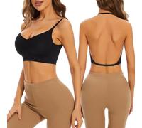 MeeQee Low Back Bras for Women Wirefree Push Up Deep V Neck Plunge Backless Bra Multiway Convertible Spaghetti Strap Lifting Bra Black/L