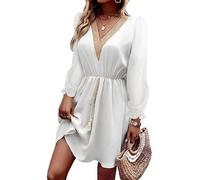 MeeQee Women Casual Dress Lace V Neck Waist Mini Dress Elegant Long Sleeve Chiffon Midi Dresses for Daily Vacation White