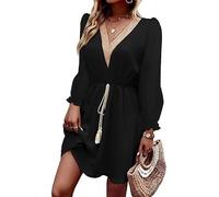 MeeQee Women Casual Dress Lace V Neck Waist Mini Dress Elegant Long Sleeve Chiffon Midi Dresses for Daily Vacation Black