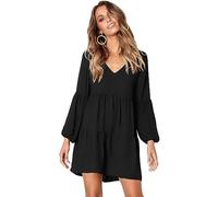 MeeQee Women's Casual Dress V-Neck Long Sleeve Mini Dress Loose Solid Swing Patchwork Ruffle Hem Midi Dresses Ladies Trendy Tunic Bodycon for Vacation Party Cocktail Black
