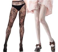 MeeQee Women's Floral Patterned Fishnet Tights 2PCS Ladies Fashion Pattern Pantyhose Stockings Lolita Hollow Out Kawaii Tights Stockings (Black&White)