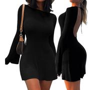 MeeQee Womens Long Sleeve Mini Dress Elegant A-Line Flare Short Dress Sexy Boat Neck Backless Tie Back Dresses Bodycon Casual Night Out Party Clubwear Black
