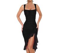 MeeQee Womens Sexy Midi Dress Sleeveless Ruched Bodycon Dresses Sexy Square Neck Cami Dress Elegant Split Ruffle Hem Tulle Dress for Party Cocktail Night Out Clubwear Black